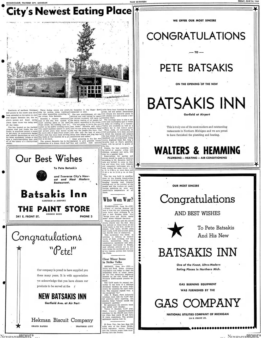 Batsakis Inn - 1949 Opening Feature Page Traverse City Record Eagle (newer photo)
